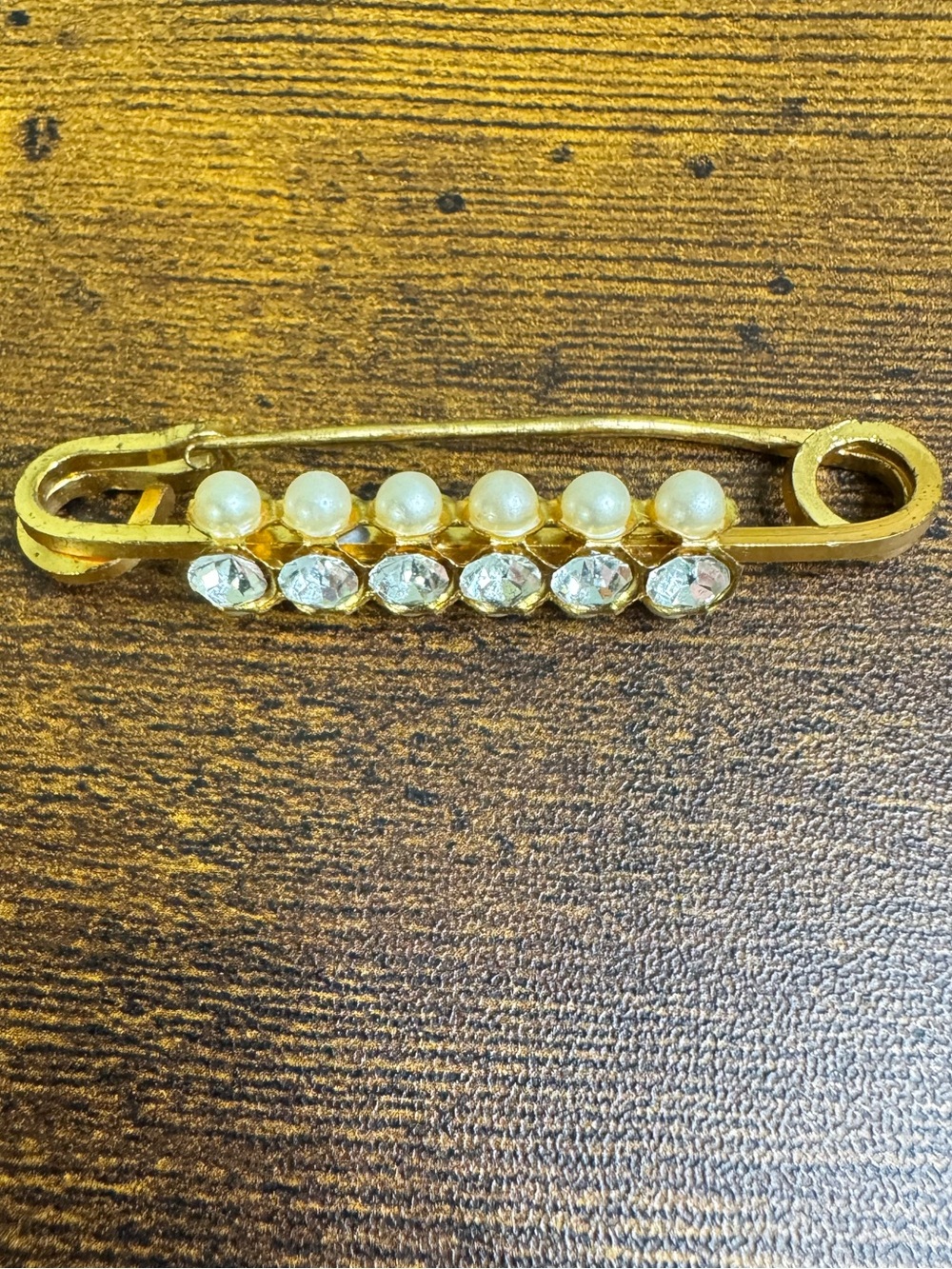 Gold-Tone Pearl and Crystal Safety Pin Brooch